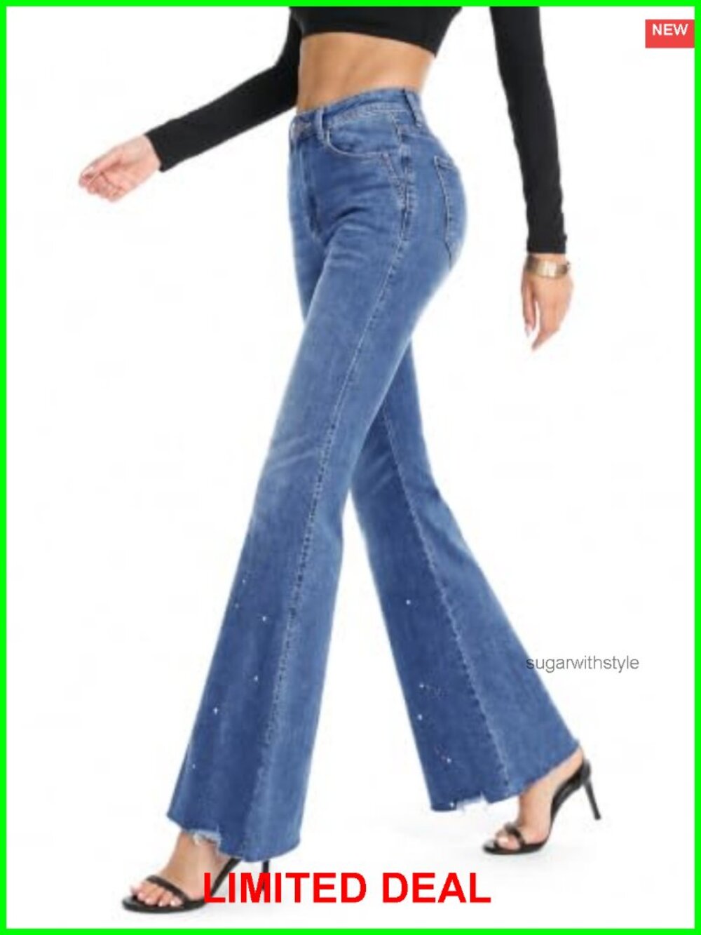Women's High Waist Stretchy Flare Jeans Raw Hem Denim Pants